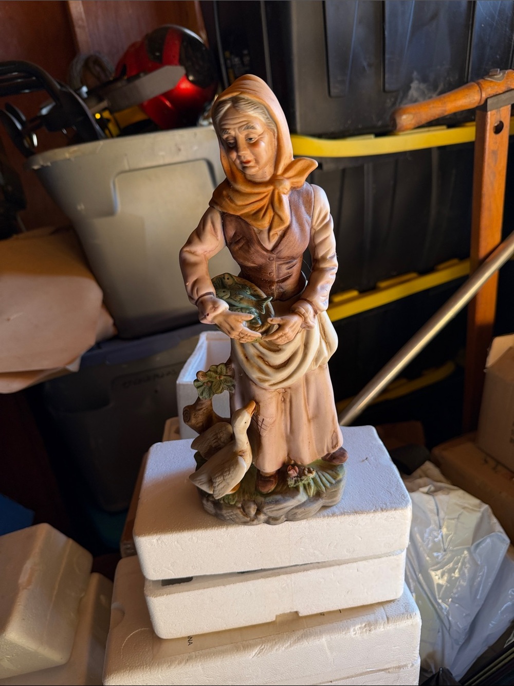 Vintage Hand-Painted Ceramic Farm Lady Figurine with duck in Cream and Brown